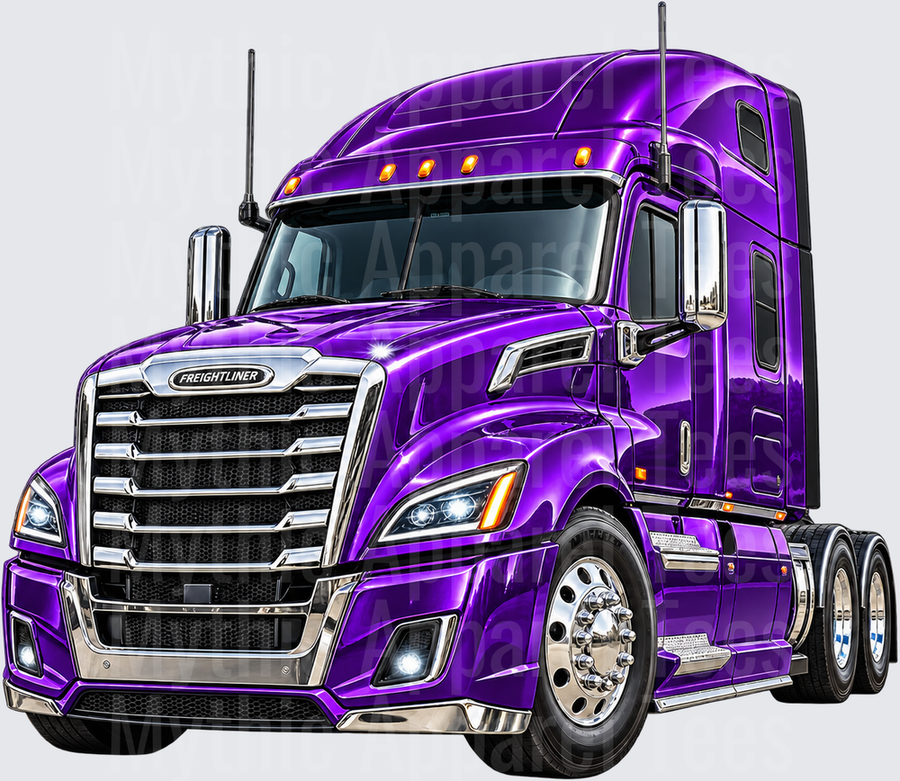 Purple Metallic Freightliner Cascadia Semi Truck with Chrome Accents and Amber Roof Lights