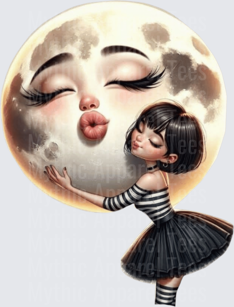 Whimsical Dark Girl in Striped Top and Black Tutu Kissing the Full Moon with Face