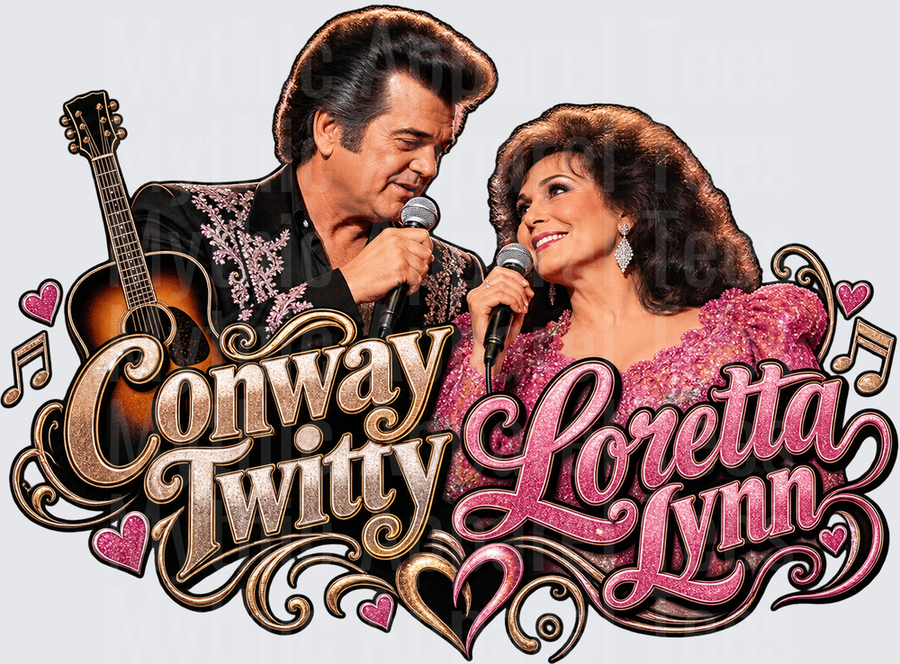 Conway Twitty and Loretta Lynn Country Music Legends Duet Portrait with Guitar and Pink Glitter Script