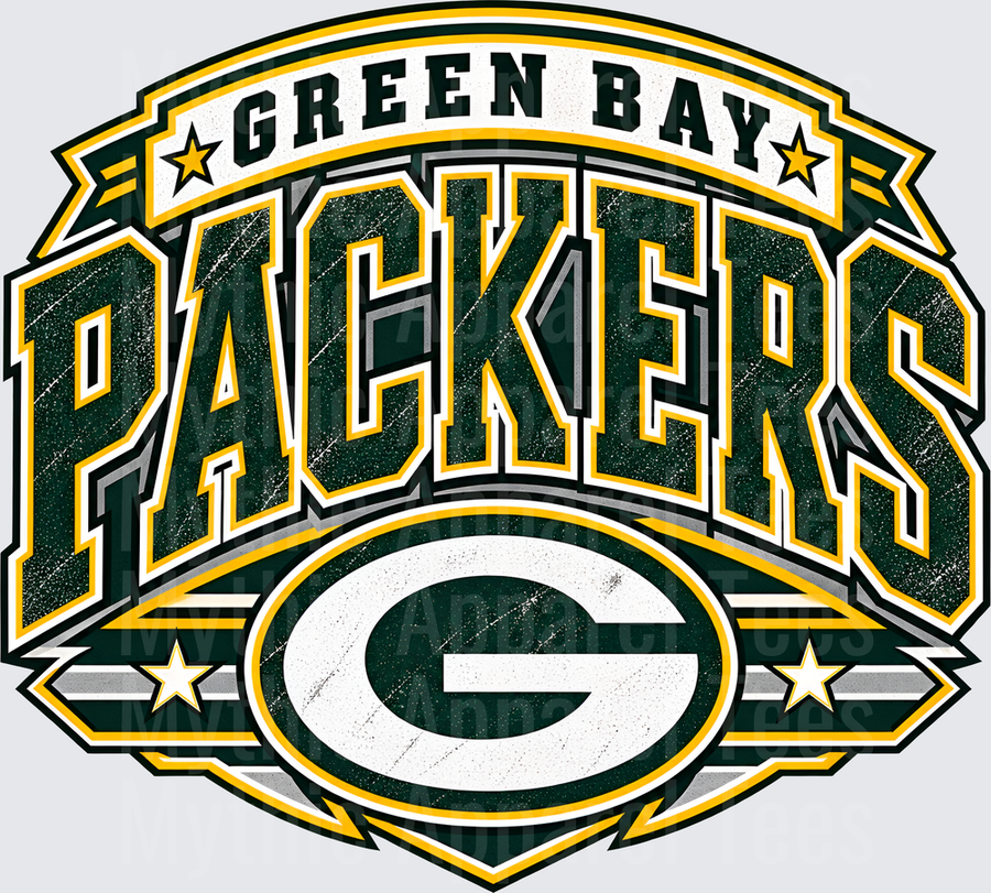 Green Bay Packers Bold Vintage Distressed Logo with G Emblem and Gold Stars