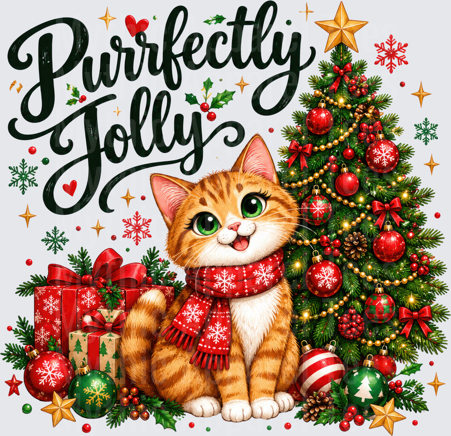 Purrfectly Jolly Orange Tabby Cat With Red Snowflake Scarf Christmas Tree And Gifts Holiday Design