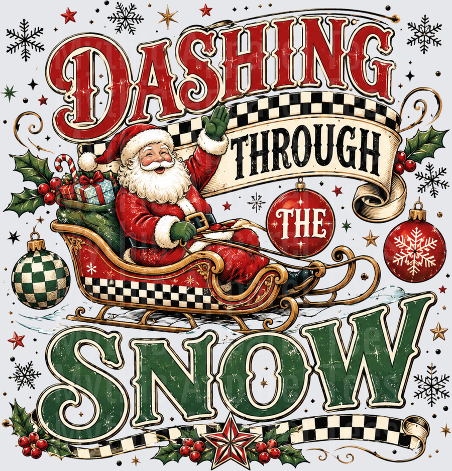Dashing Through The Snow Santa Claus Sleigh Vintage Checkered Holiday Christmas Design