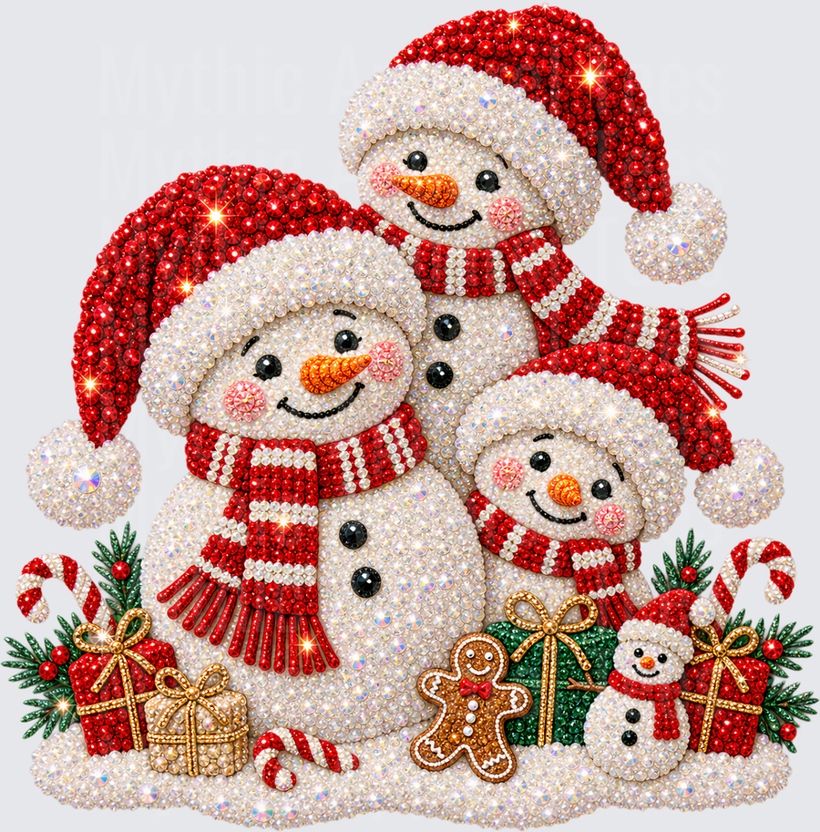 Sparkling Rhinestone Snowman Family with Santa Hats Red Striped Scarves Gingerbread Man Christmas Gifts and Candy Canes Holiday Scene