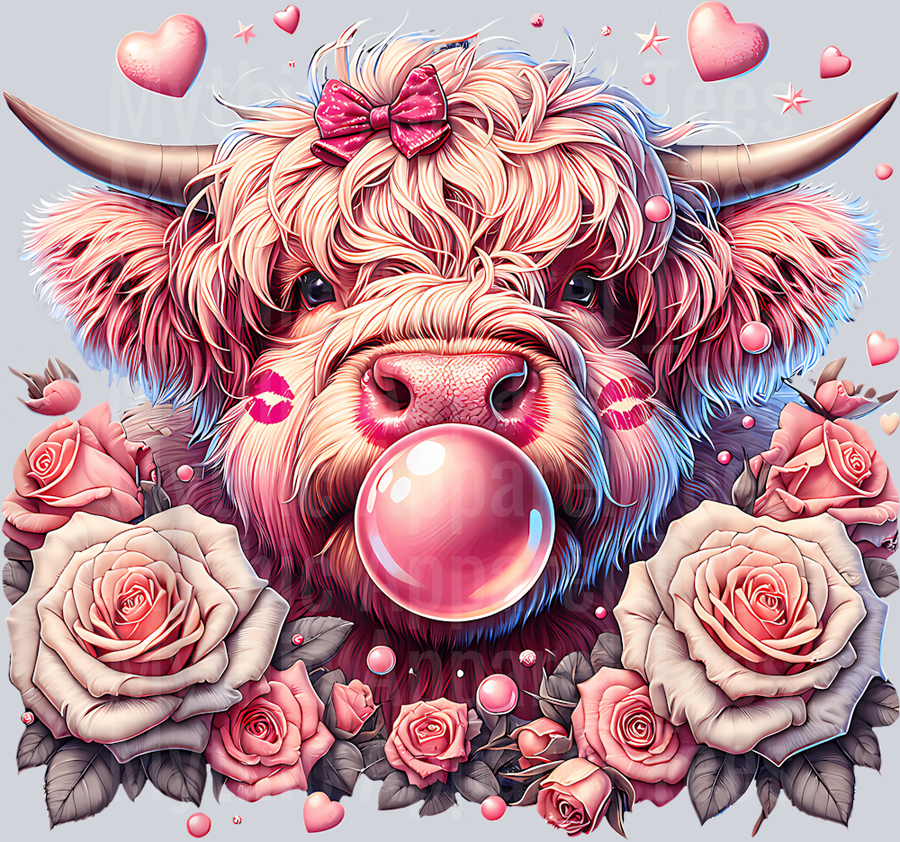 179 Highland Cow Roses Hearts Kisses Bubblegum Valentines Day T-Shirt