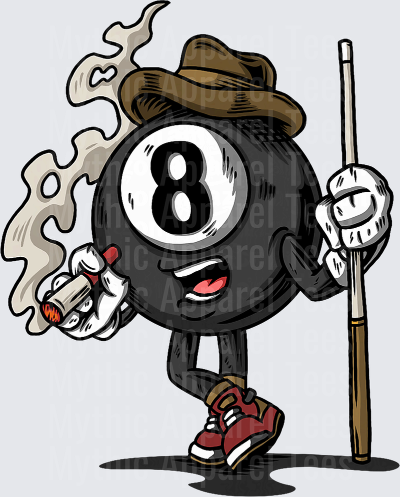 Cool Gangster 8 Ball Character Smoking Cigar Holding Pool Cue Wearing Fedora Hat and Sneakers