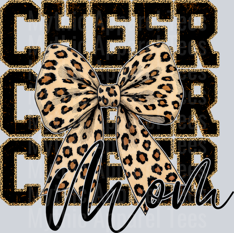 Cheer Mom Leopard Bow with Glitter Black Letters DTF Cheer Mom Transfers