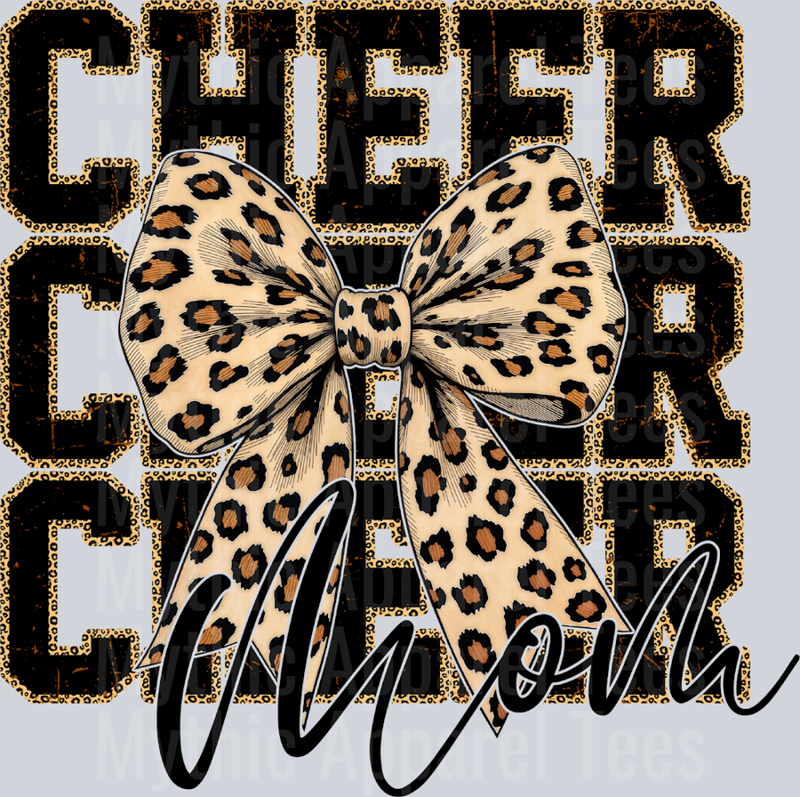 Cheer Mom Leopard Bow with Glitter Black Letters DTF Cheer Mom Transfers