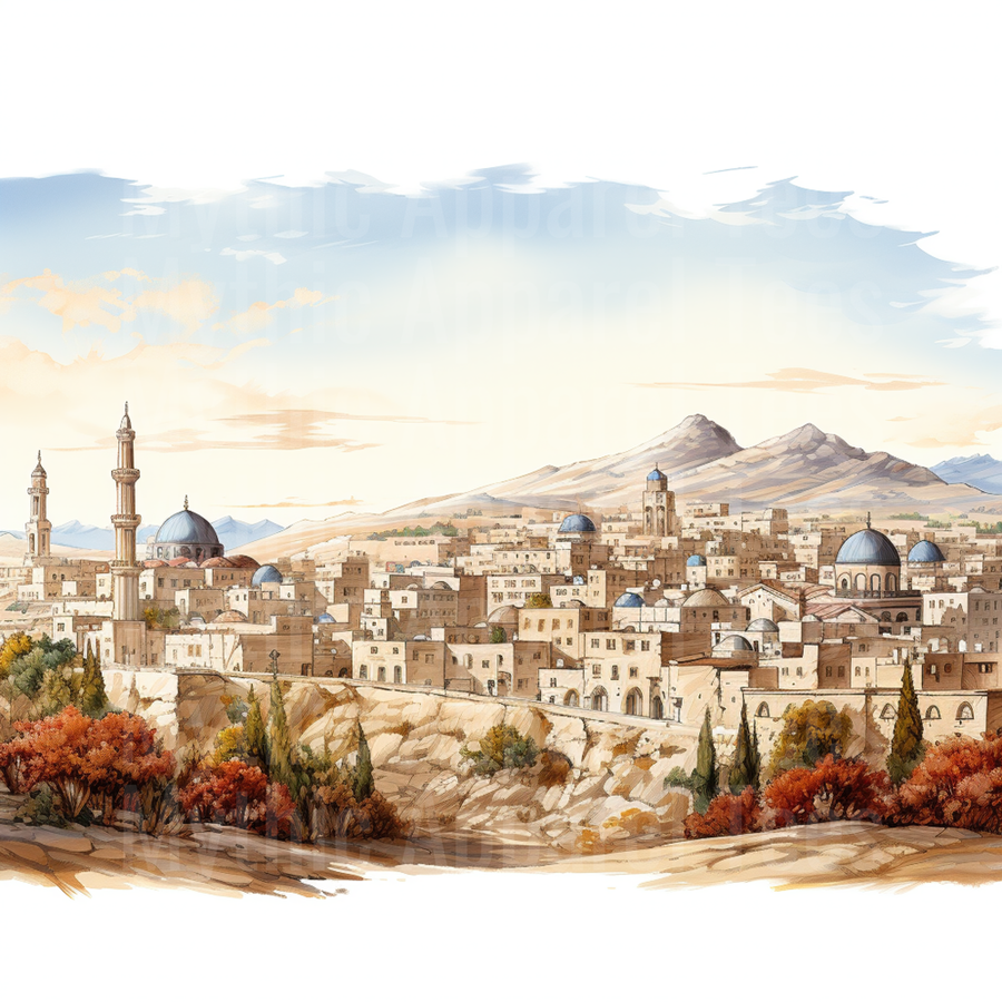 Nativity Ancient Middle Eastern City Watercolor Skyline Art
