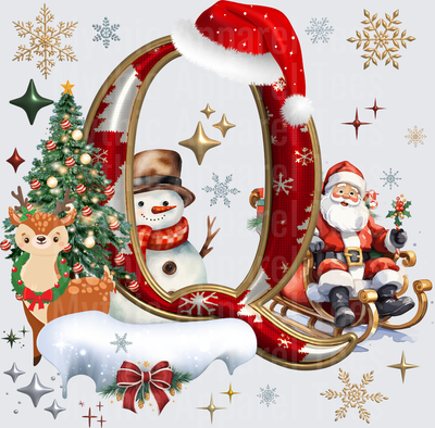 Letter Q Christmas Holiday Monogram with Santa Sleigh Snowman Reindeer and Christmas Tree