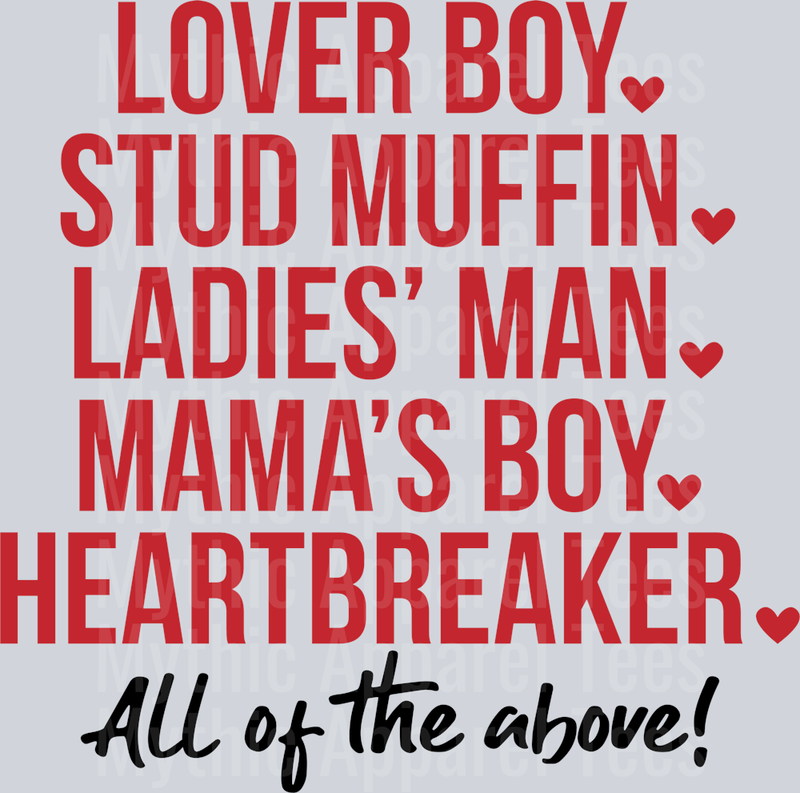 Lover Boy Stud Muffin Ladies Man Valentines Day Boy Valentines Day Transfers