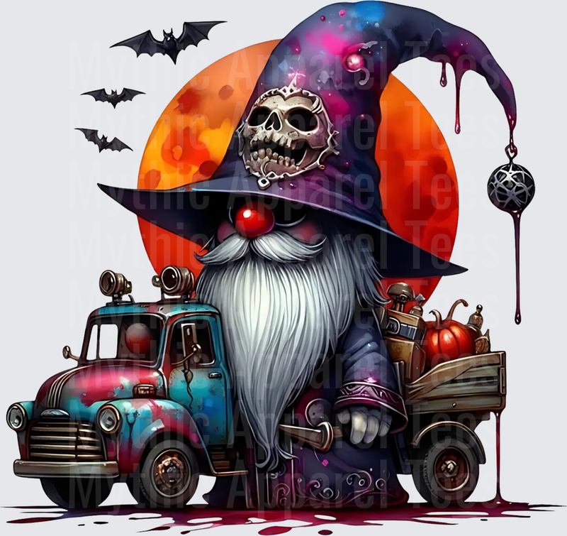 Spooky Halloween Gnome Wizard with Skull Hat Dripping Blood Riding Rusty Vintage Truck with Pumpkins Bats and Orange Full Moon