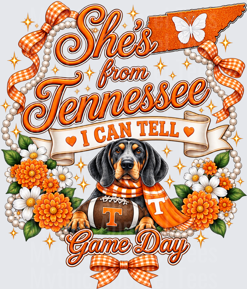 She's From Tennessee I Can Tell Game Day Bluetick Coonhound with Orange Floral Pearl Bow Football Design