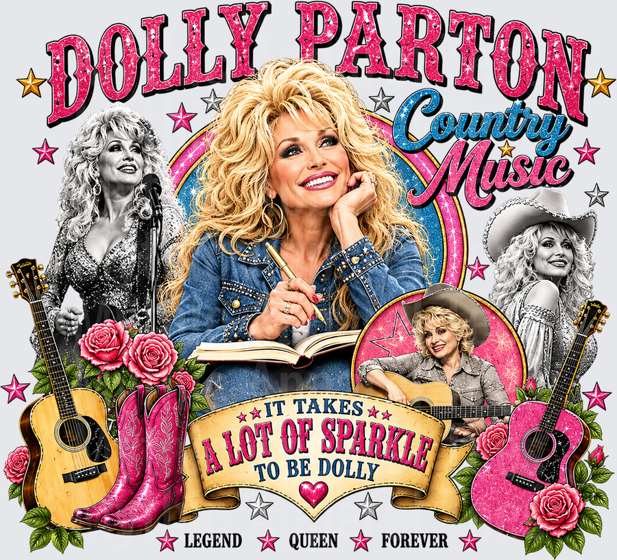 Dolly Parton Country Music Legend Queen Forever It Takes A Lot Of Sparkle To Be Dolly Tribute Collage with Roses Guitars and Pink Cowboy Boots