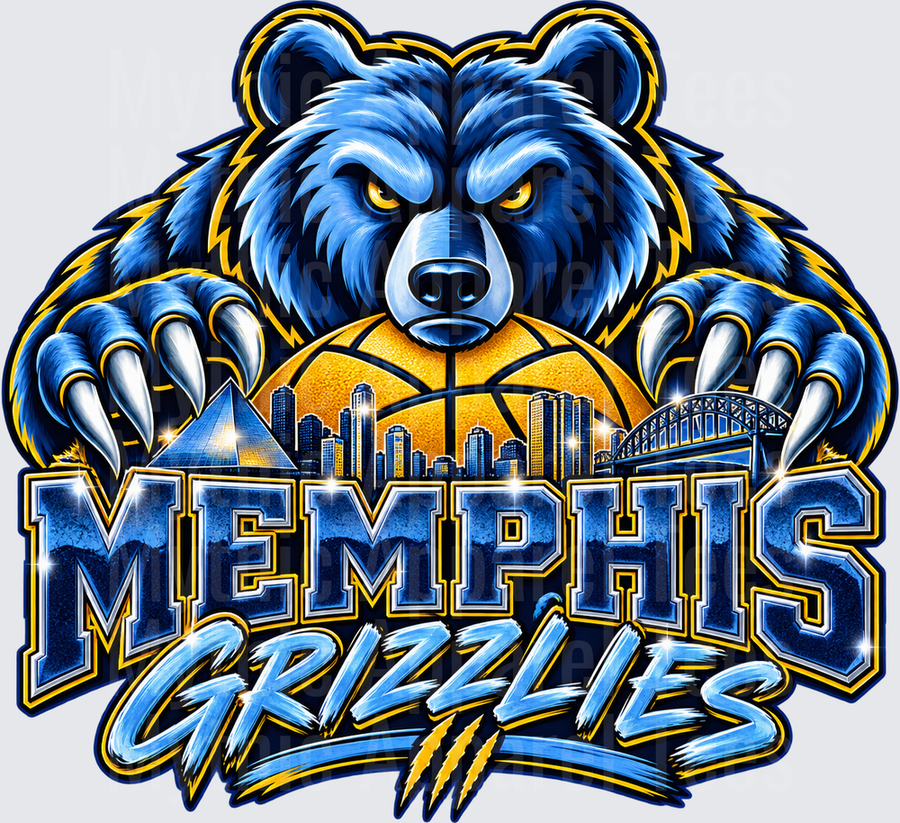 Memphis Grizzlies Fierce Blue Bear Gripping Basketball with Memphis Skyline Pyramid and Bridge Claw Mark Design