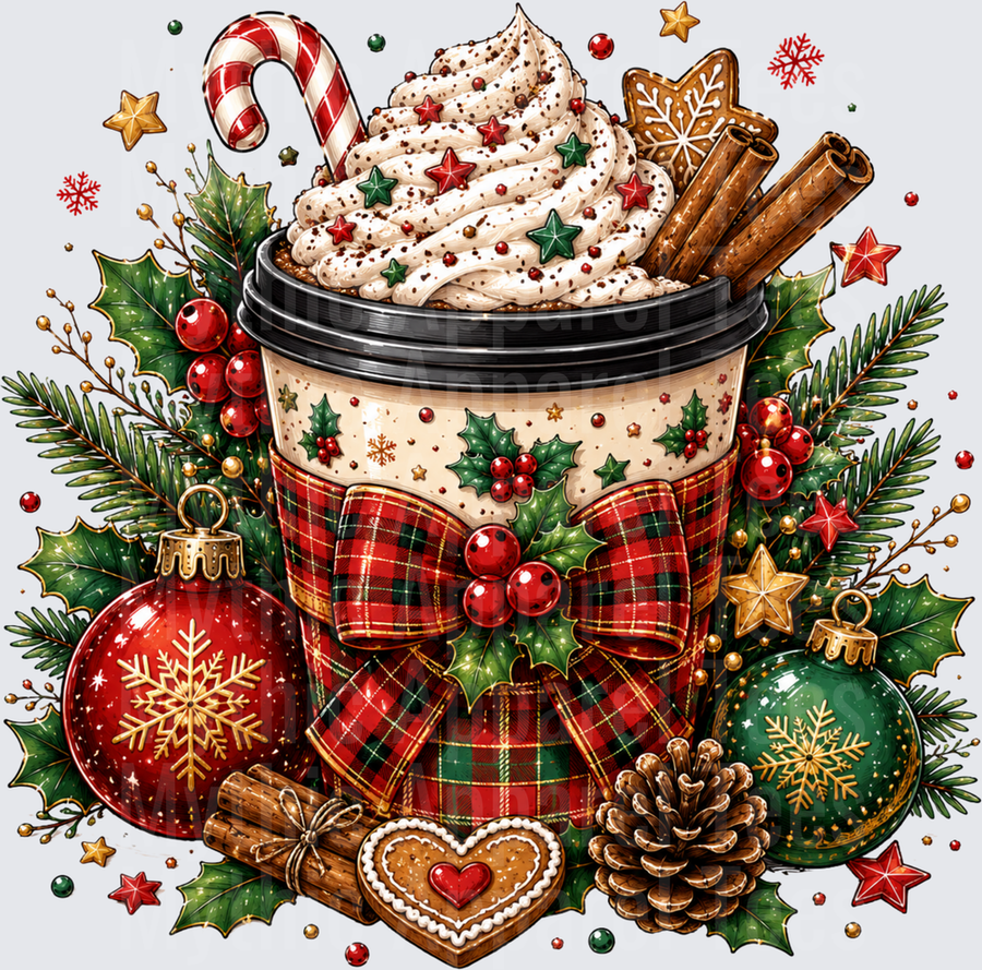 Festive Christmas Holiday Coffee Cup With Whipped Cream Candy Cane Cinnamon Sticks Plaid Bow Holly Gingerbread Cookies And Ornaments