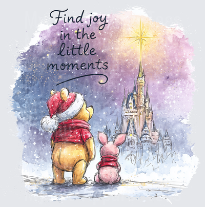Winnie the Pooh and Piglet in Santa Hats Gazing at Snowy Castle Star Watercolor Find Joy in the Little Moments Christmas