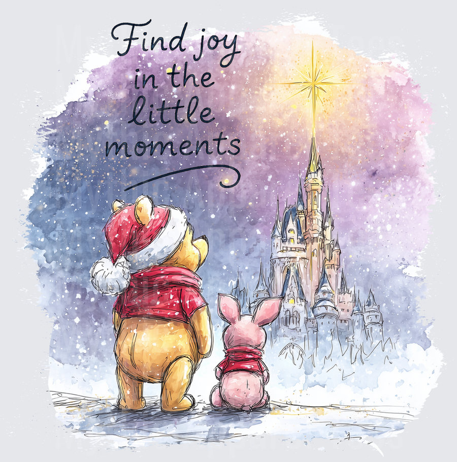 Winnie the Pooh and Piglet in Santa Hats Gazing at Snowy Castle Star Watercolor Find Joy in the Little Moments Christmas