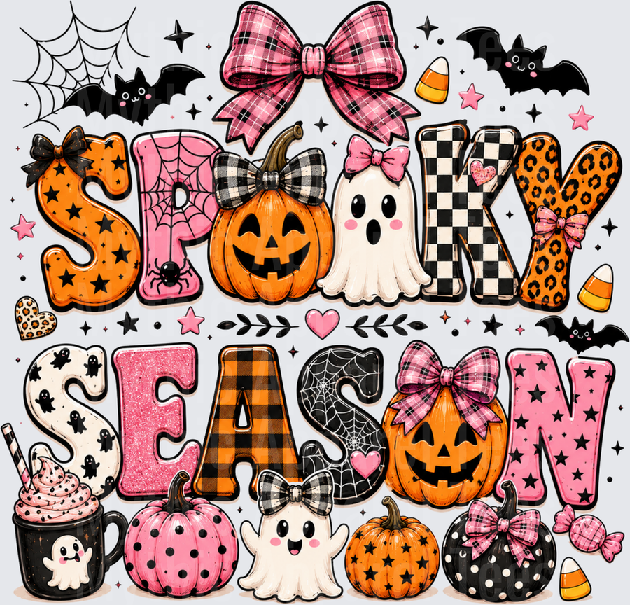 Spooky Season Girly Pink Plaid Leopard Checkered Halloween Typography with Jack-o-Lanterns Ghosts Bats Candy Corn and Bows