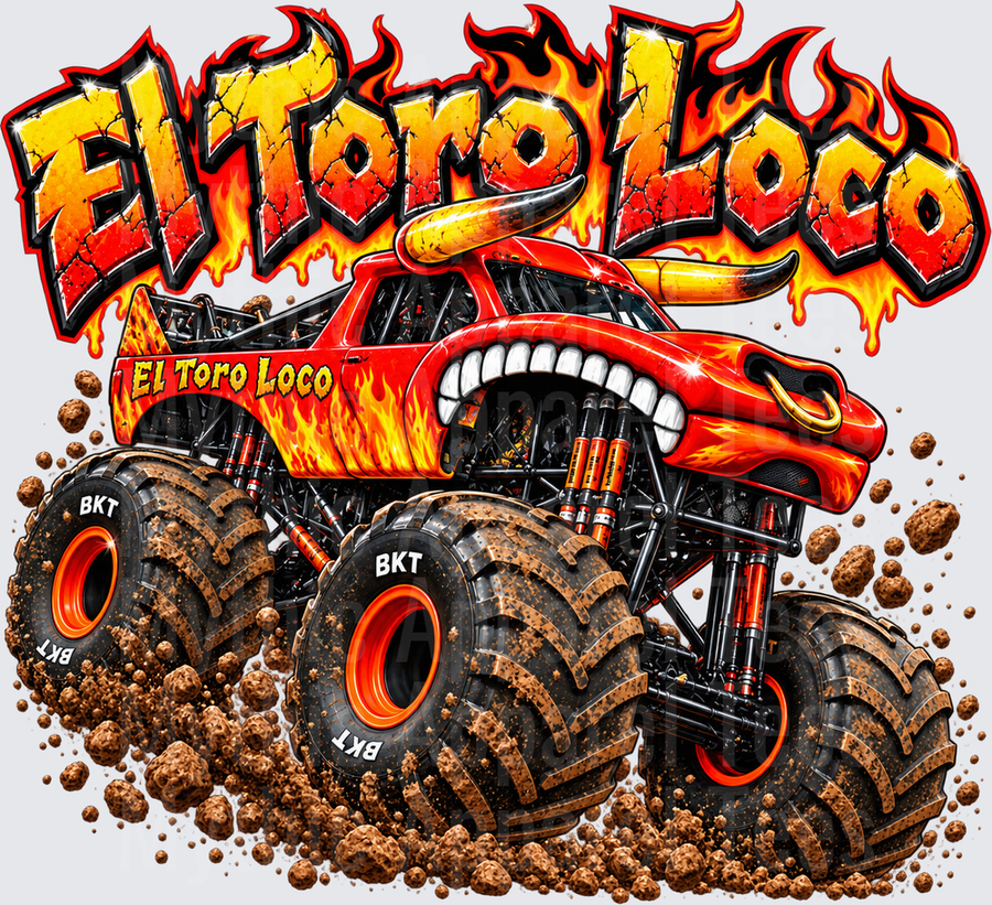 Monster Truck El Toro Loco Flaming Red Bull Monster Jam Truck Muddy BKT Tires Fire Graphic