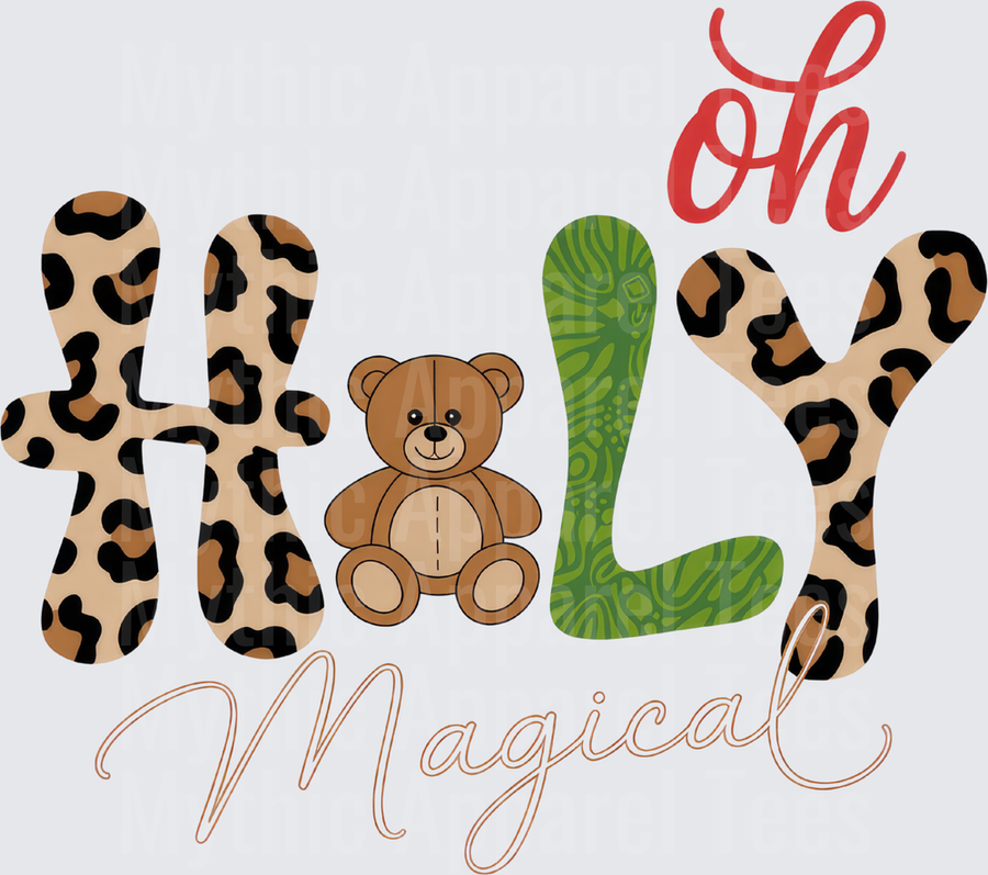 Oh Holy Magical Leopard Print Christmas Design with Teddy Bear and Green Accent Letter