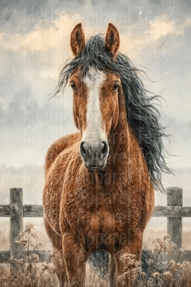 Chestnut Horse with Dark Flowing Mane White Blaze Rustic Fence Painterly Portrait