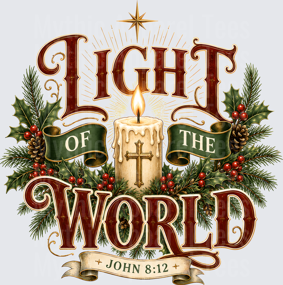 Light of the World John 8:12 Christmas Candle with Cross Holly Berries and Pine Branches Vintage Christian Holiday Design