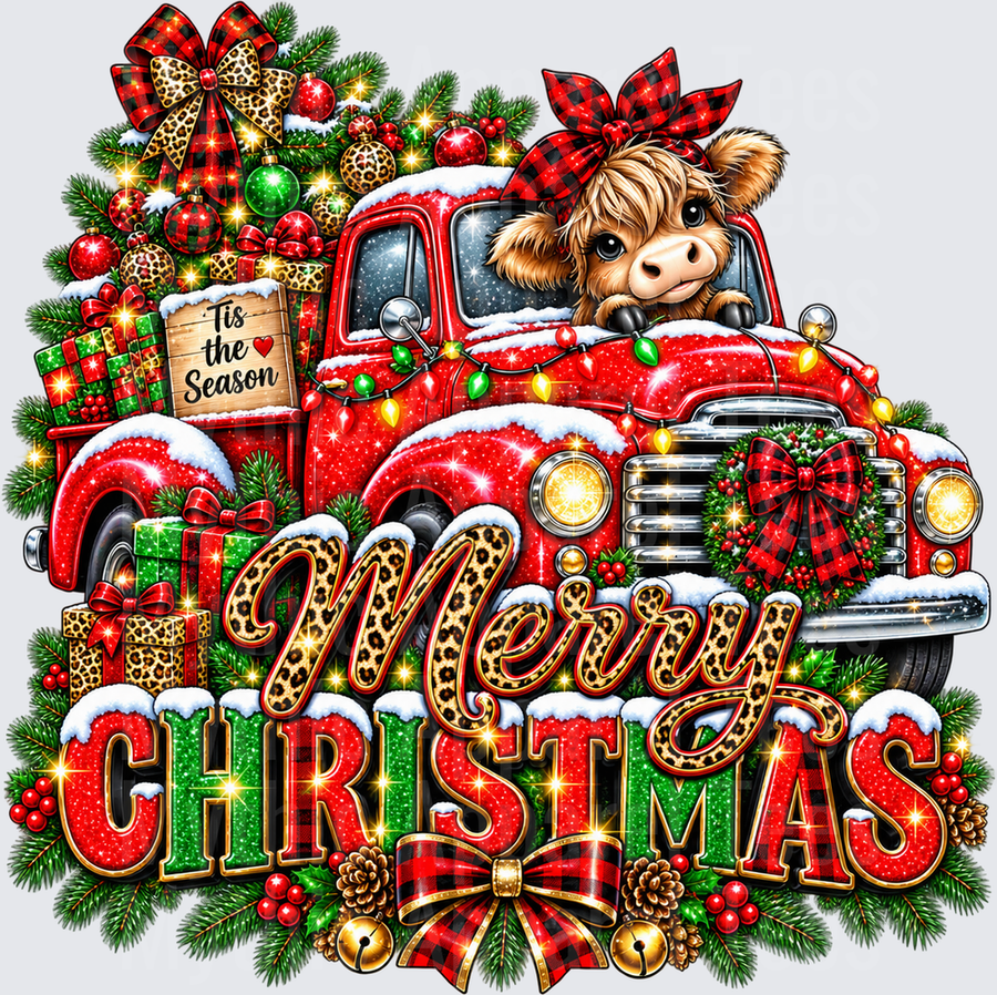 Christmas Highland Cow Buffalo Plaid Bow Red Vintage Truck Tis The Season Merry Christmas Leopard Print Glitter Holiday Design