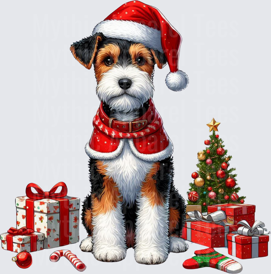 Wire Fox Terrier Santa Hat Holiday Dog Surrounded by Christmas Tree Gifts and Candy Canes