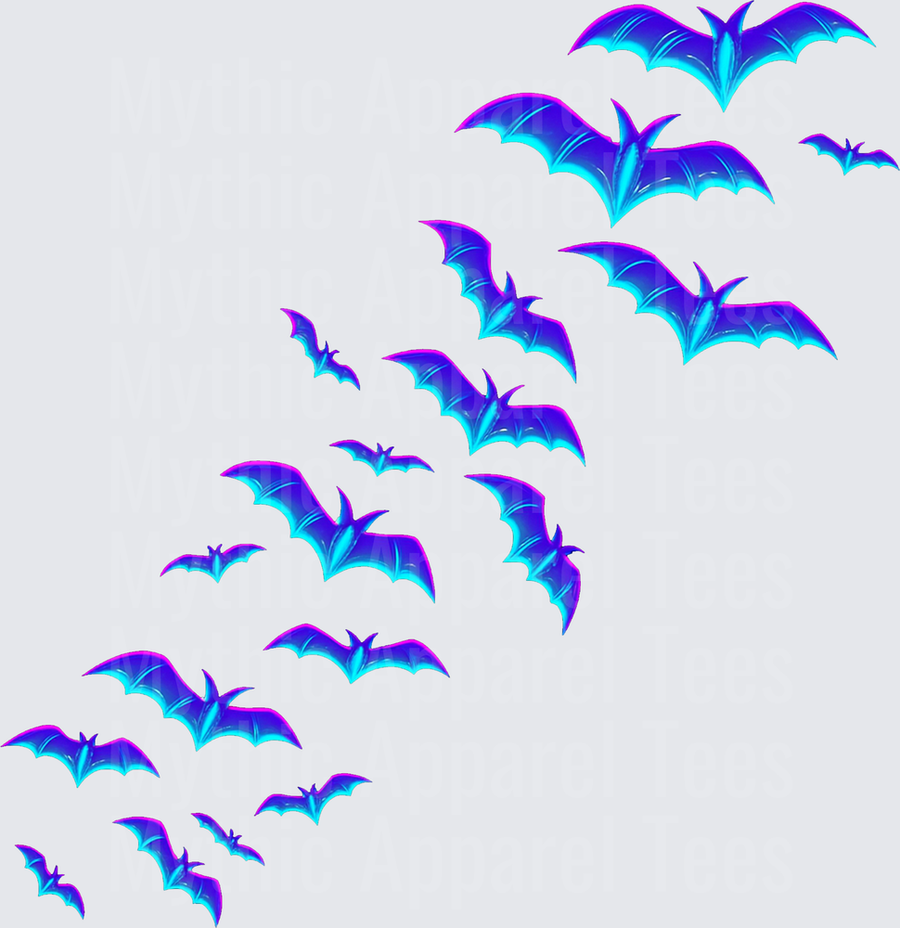 Halloween Neon Purple and Cyan Glowing Bat Swarm Flying in Diagonal Formation