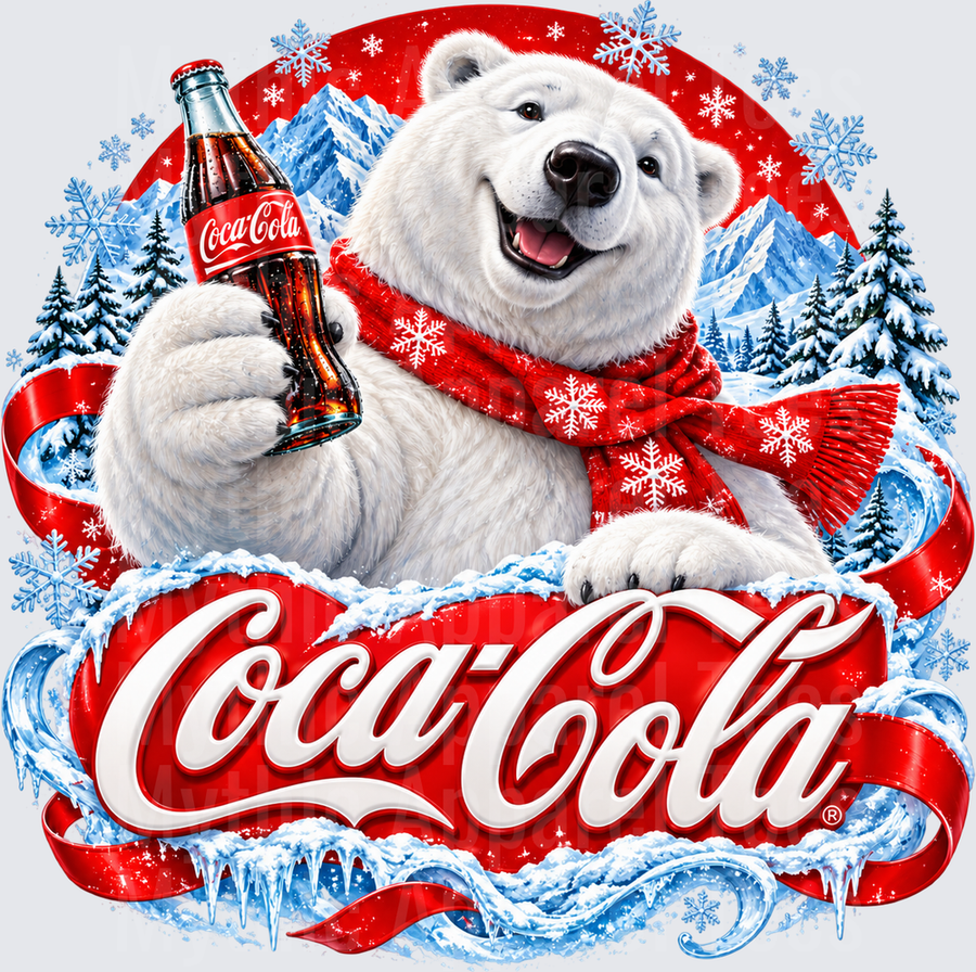 Coca-Cola Polar Bear Holding Classic Glass Bottle Red Snowflake Scarf Winter Christmas Holiday Design