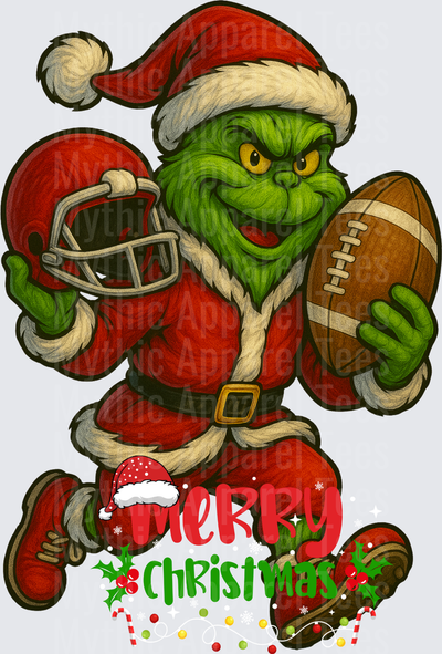 Grinch Football Grinch in Santa Suit Holding Football and Helmet Merry Christmas Holiday Design