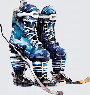 Ice Hockey Skates and Stick Watercolor Blue Galaxy Art