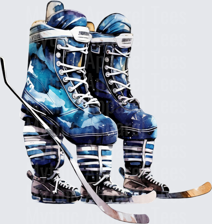 Ice Hockey Skates and Stick Watercolor Blue Galaxy Art