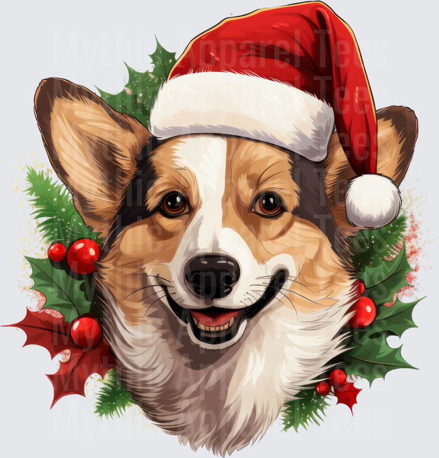Smiling Corgi Santa Hat Christmas Holly Berry Wreath Portrait