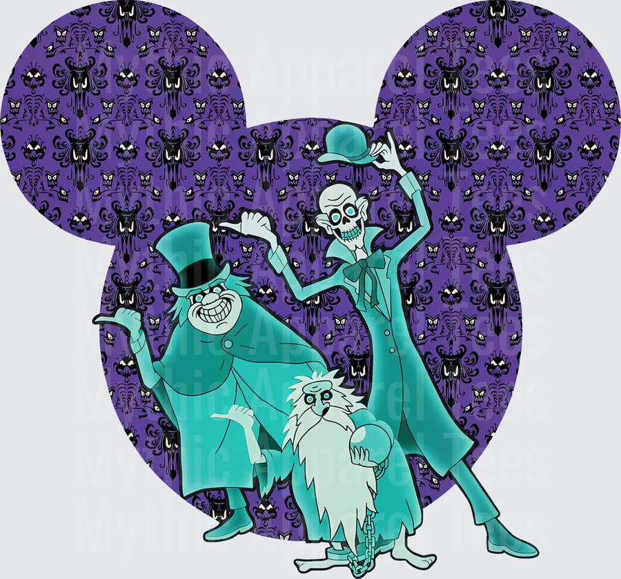 Haunted Mansion Hitchhiking Ghosts Gus Phineas Ezra Mickey Mouse Ears Silhouette Purple Wallpaper Pattern