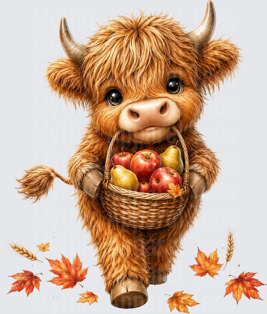 Cute Baby Highland Cow Carrying Autumn Harvest Basket of Apples and Pears with Fall Maple Leaves