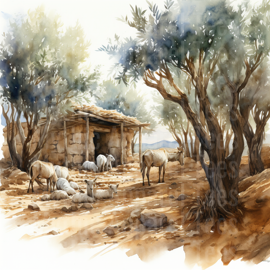Nativity Stable with Sheep and Donkey Watercolor Scene