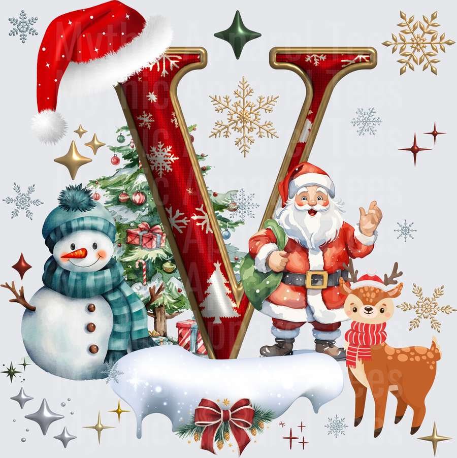 Christmas Letter V with Santa Claus Snowman Reindeer and Festive Holiday Elements