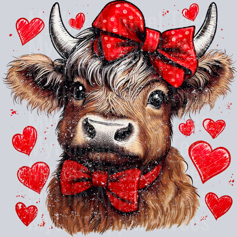 Highland Cow Distressed Red bow with hearts Style Combo Valentines Day Design