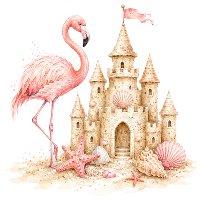 Flamingo Watercolor Sand Castle Shells Starfish Beach Scene