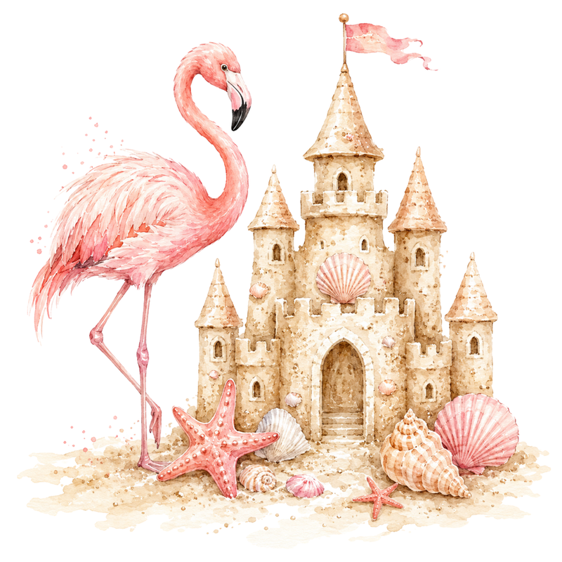 Flamingo Watercolor Sand Castle Shells Starfish Beach Scene