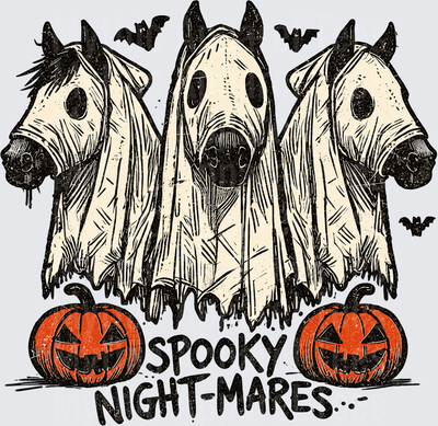 Halloween Spooky Night-Mares Three Ghost Horses with Jack-O-Lanterns and Bats