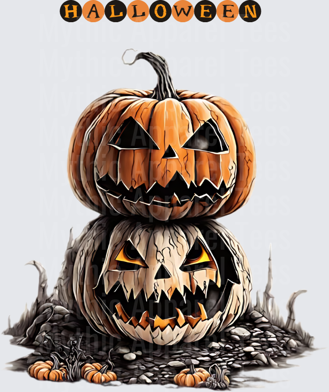 Stacked Creepy Jack-O-Lanterns Halloween Pumpkin Tower with Glowing Eyes and Rocky Ground