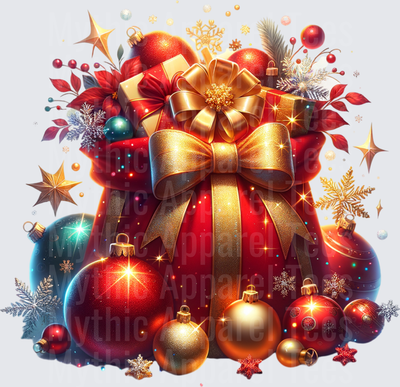 Magical Red Santa Sack Overflowing With Gifts Gold Bow Christmas Ornaments Stars And Snowflakes Holiday Festive Design