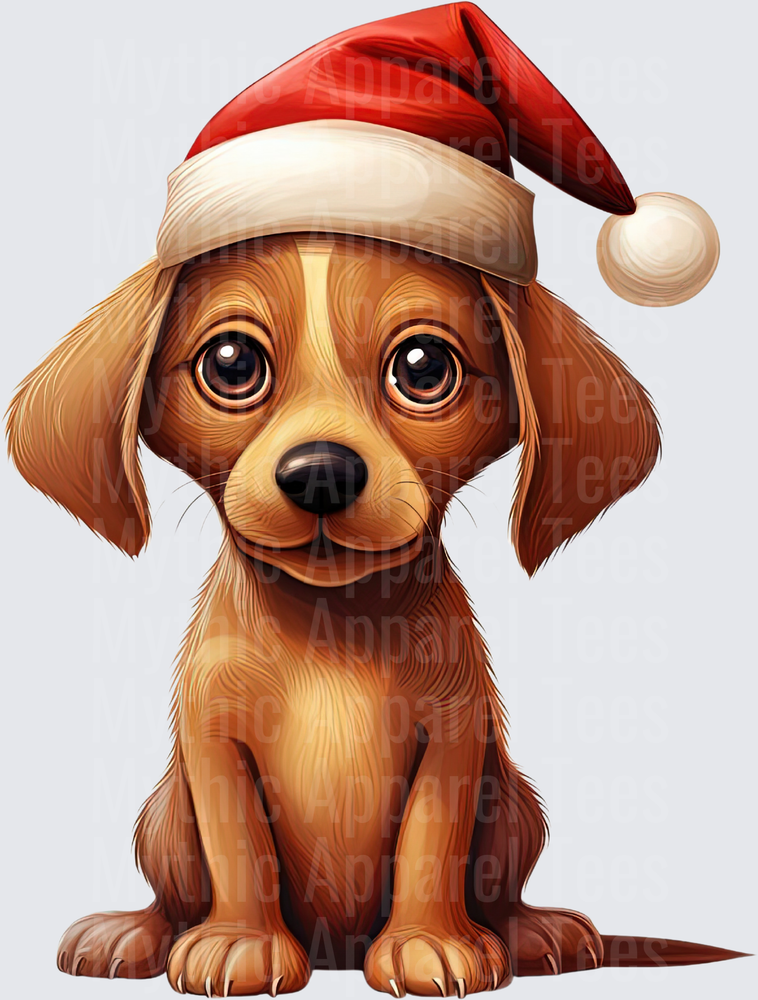 Cute Golden Puppy Big Eyes Santa Hat Christmas Holiday Cartoon Dog