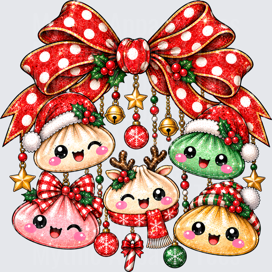 Kawaii Christmas Dumpling Crew with Festive Red Polka Dot Bow Holly Bells and Holiday Ornaments