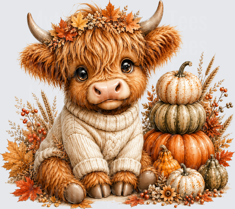 Cute Baby Highland Cow in Cozy Knit Sweater with Fall Pumpkins and Autumn Leaves Floral Crown