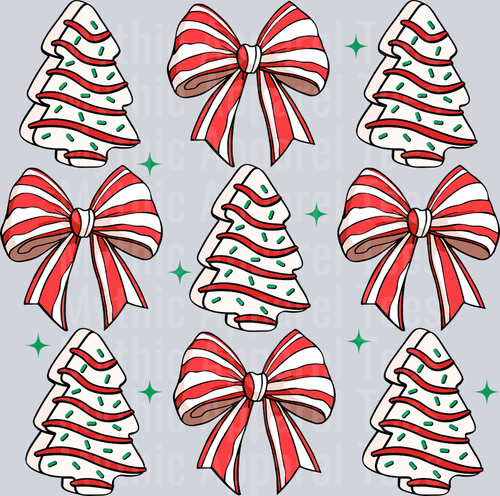 Little Debbie Cake with Christmas Trees and Candy Cane Ribbons DTF Christmas Transfers