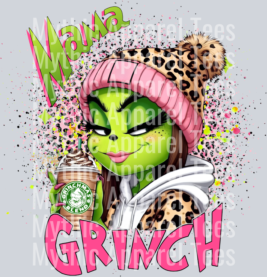 Mama Grinch Pink Cheetah Hat and Coffee