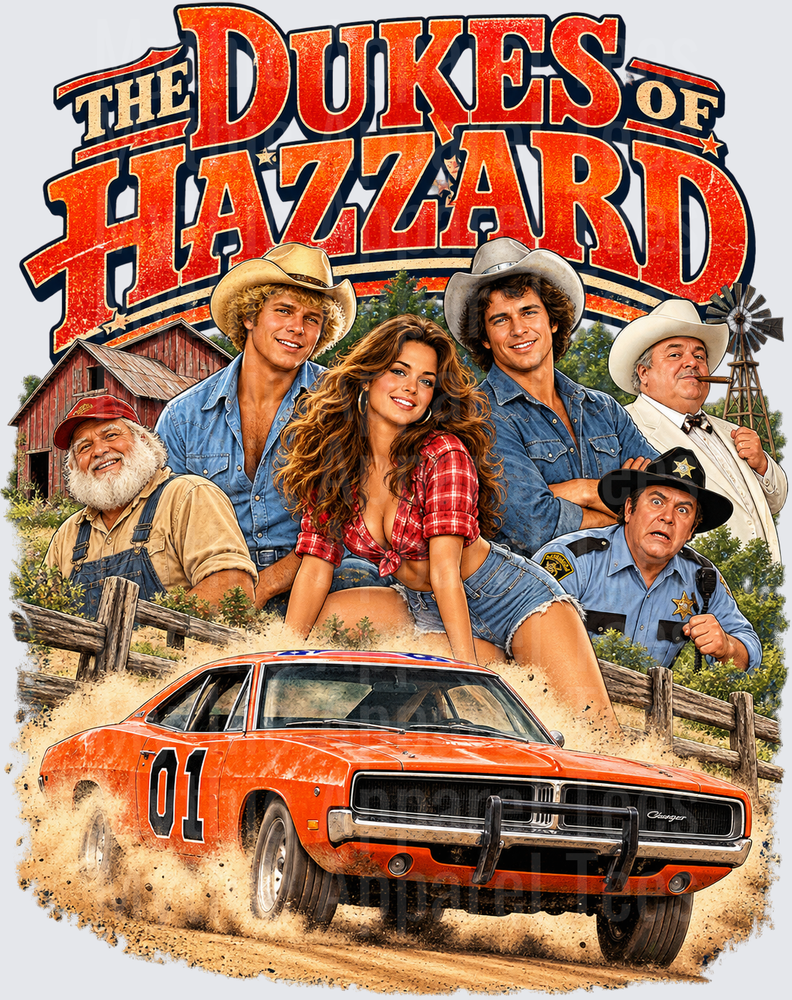The Dukes of Hazzard Cast with General Lee Dodge Charger 01 Dirt Road Action Scene Bo Luke Daisy Uncle Jesse Boss Hogg Roscoe P. Coltrane Retro TV Show Fan Art